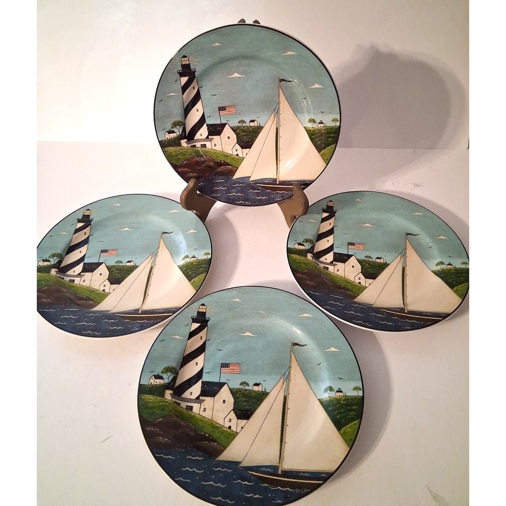 4 Warren Kimble Coastal Breeze 8" Salad Plates Lighthouse Beach Sailboat Nice!